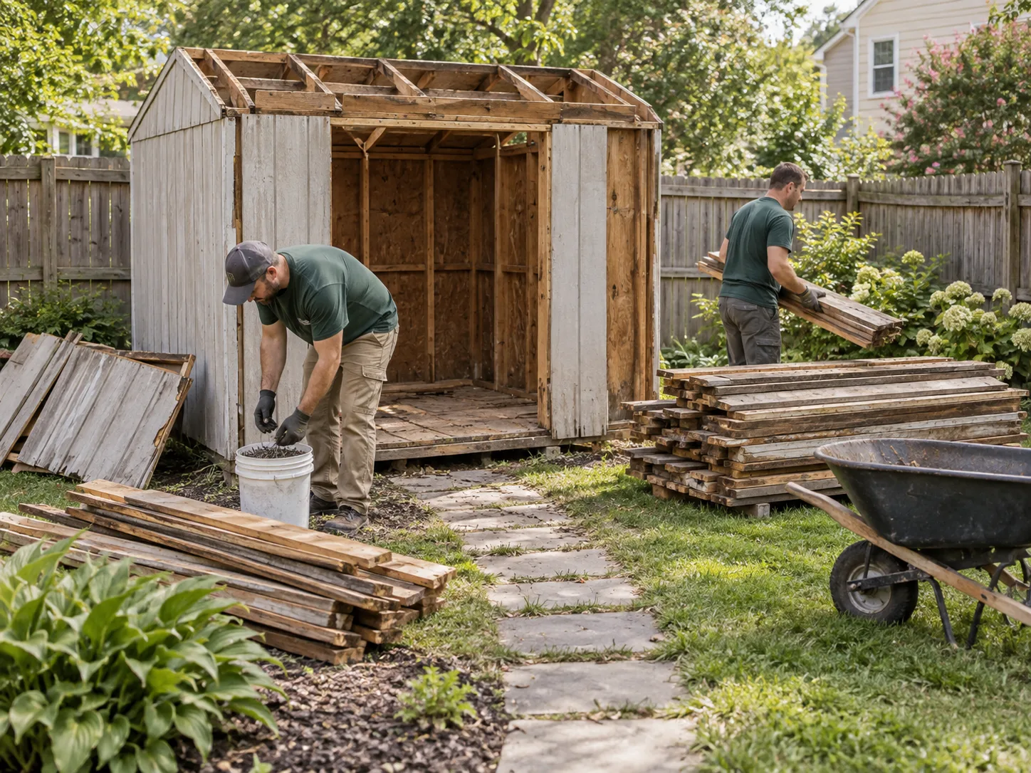 Workers sorting boards and fasteners beside a partially dismantled backyard shed